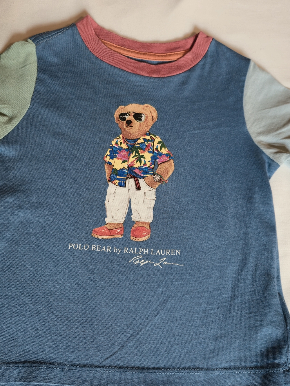 Ralph Lauren Kids Blue Graphic Polo Bear Tee with Pink Trim
